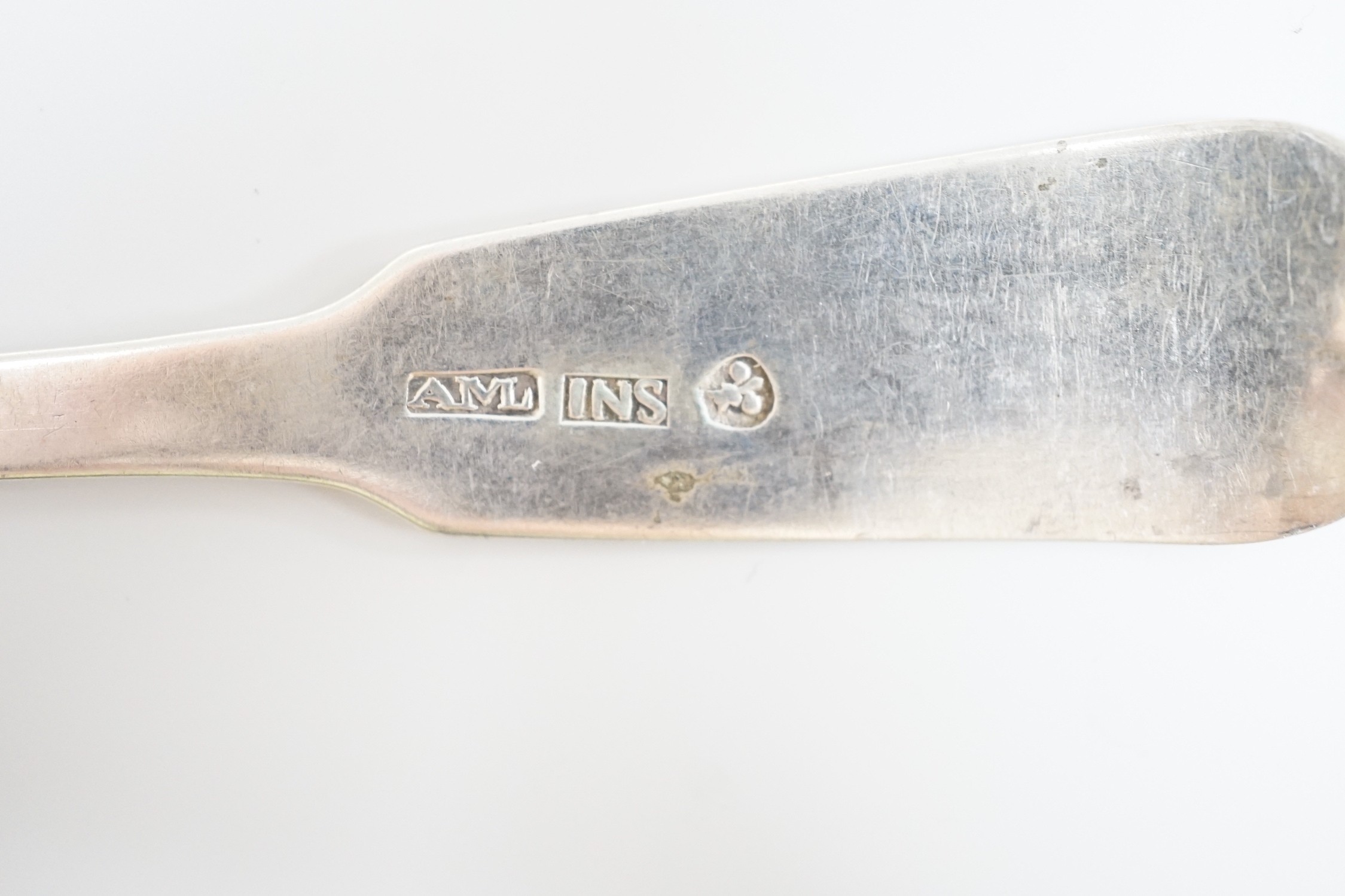 A set of nine early 19th century Scottish provincial silver fiddle pattern dessert spoons, 18.5cm and a pair of sauce ladles, by Alex MacLeod, Inverness, 11oz.